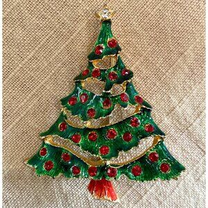 Green Christmas Tree Pin Brooch Clear Star Topper Red Crystal Balls Red Skirt